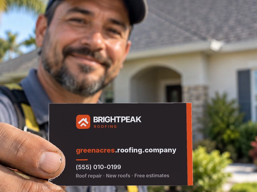 greenacres.roofing.company on a roofer's business card
