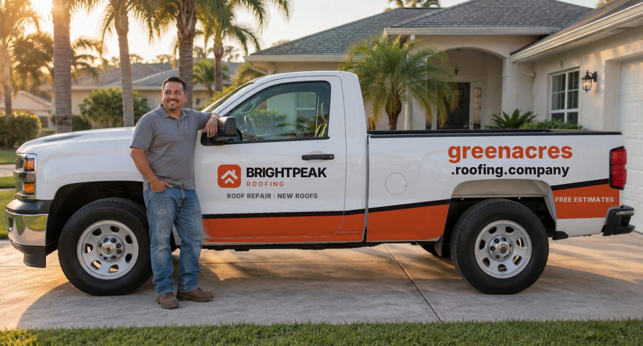 greenacres.roofing.company painted on the side of a white work truck