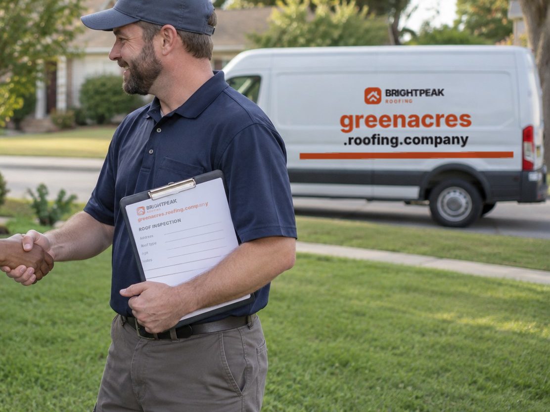 greenacres.roofing.company on a roofing van and an inspection form